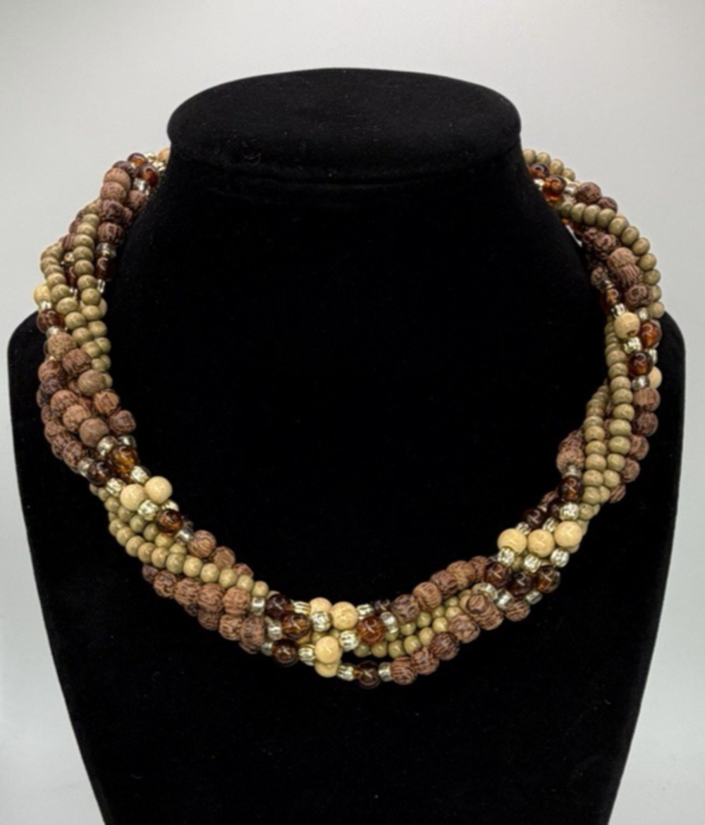 Napier Multistrand Wood Bead Beaded Twist Statement Necklace Boho Earthy Neutral